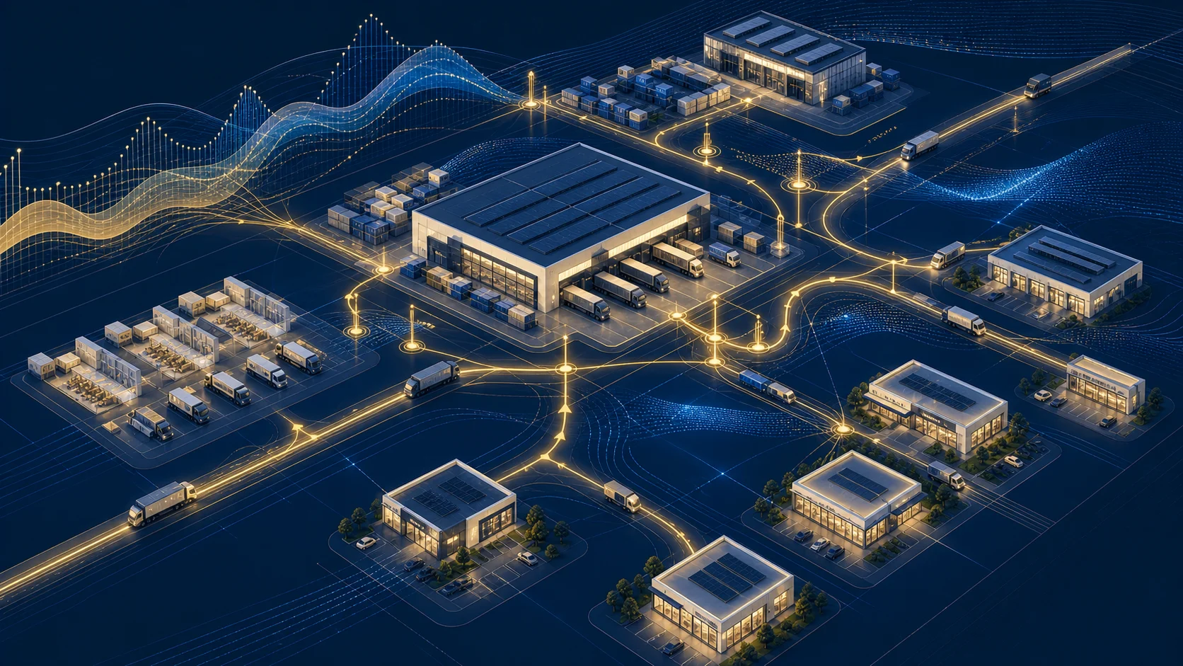 A logistics network connecting demand forecasts, inventory, major distribution hubs and stores