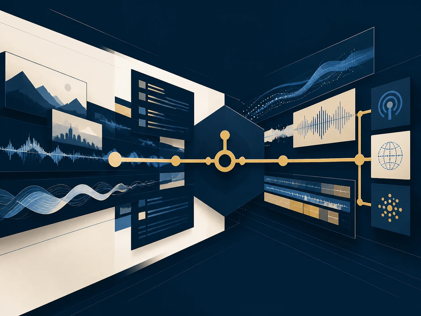 An automated editorial system represented by audiovisual layers and a golden operational flow