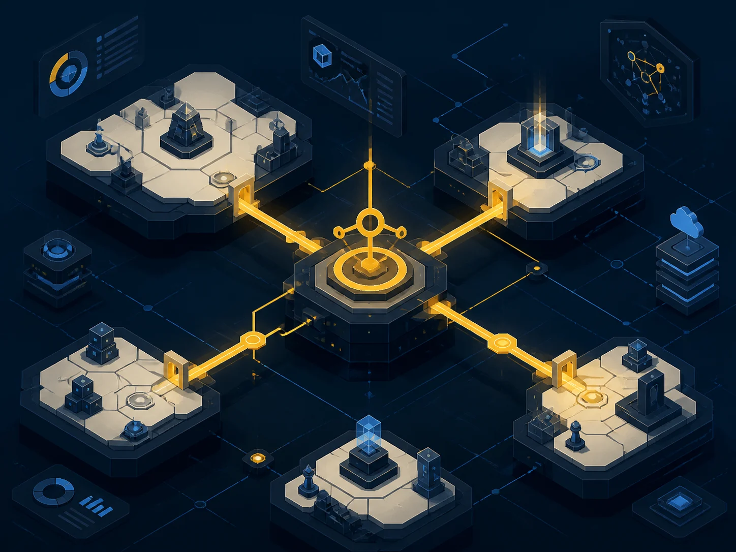 A connected video game architecture represented as a strategic world of platforms and nodes